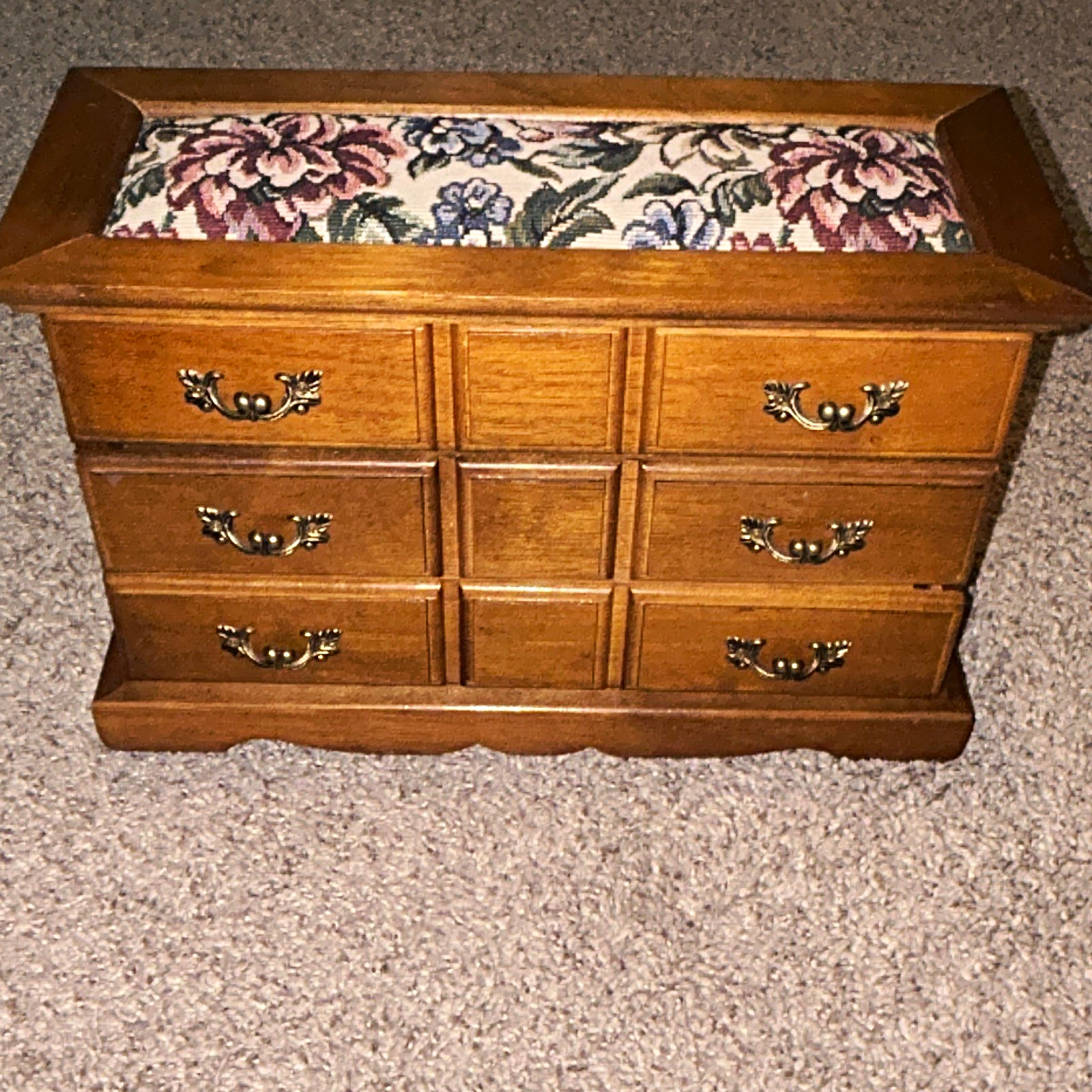 Wood Jewelry Box Brown Floral Hinged Lid Drawers Pink Velvet Lined Ring