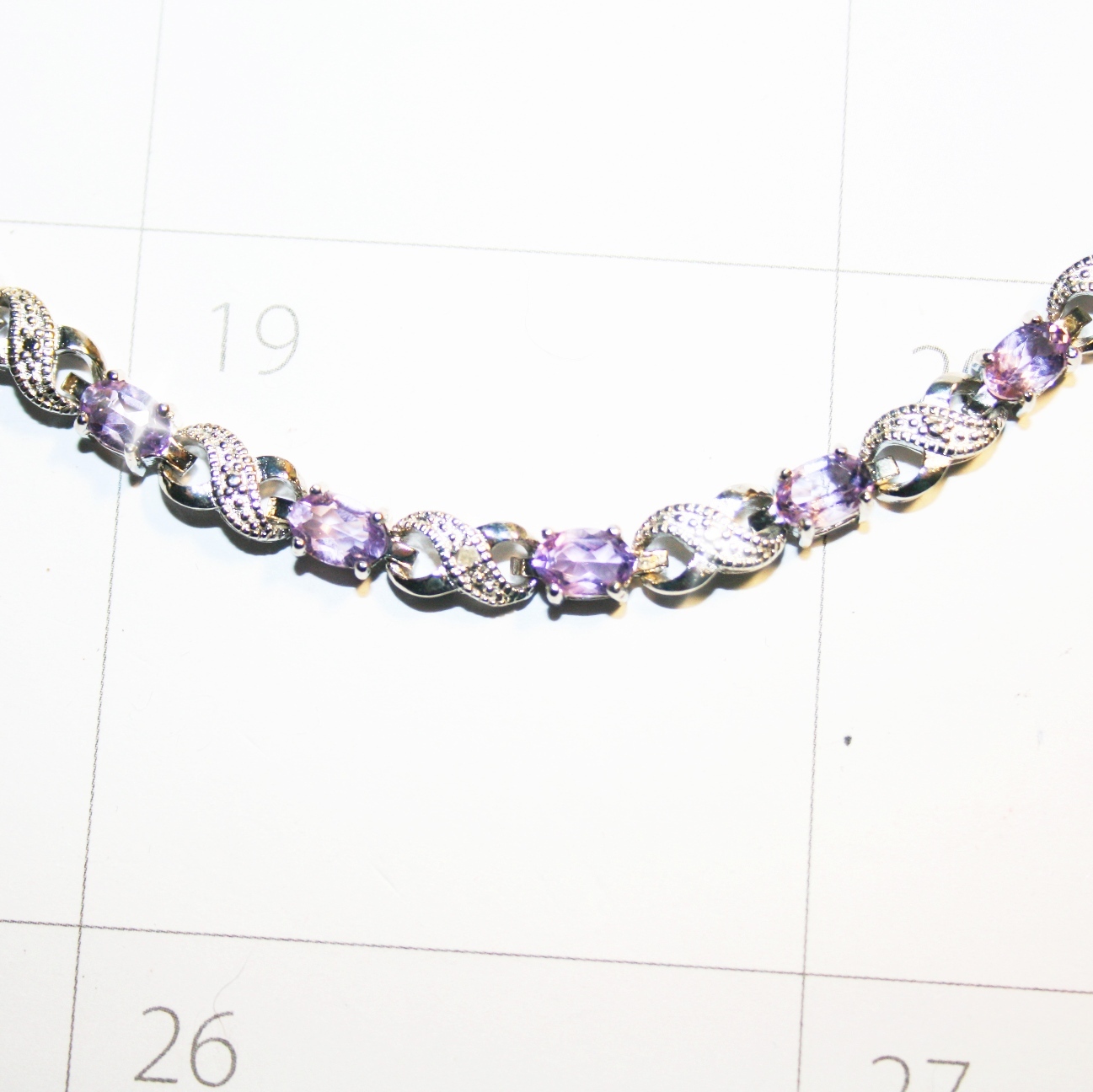 Purple Amethyst Tiny Diamond XO Tennis Bracelet 14k White Gold over Base 7.5 In