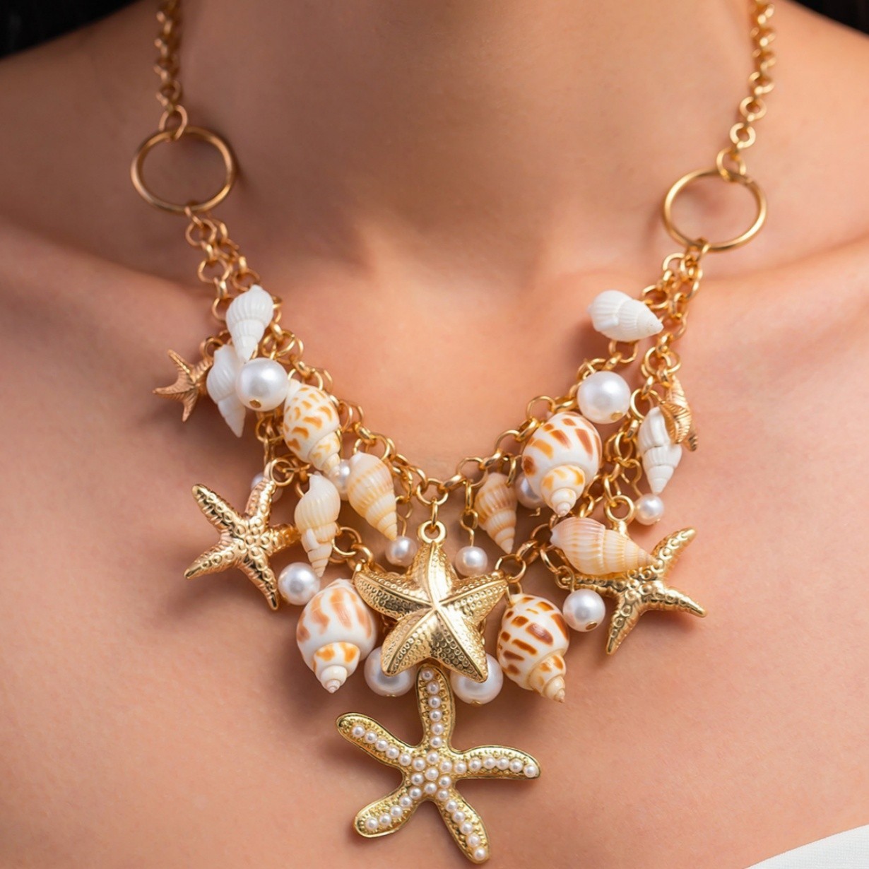 Boho Multi-color Starfish Conch Cluster Golden Layered Choker Necklace
