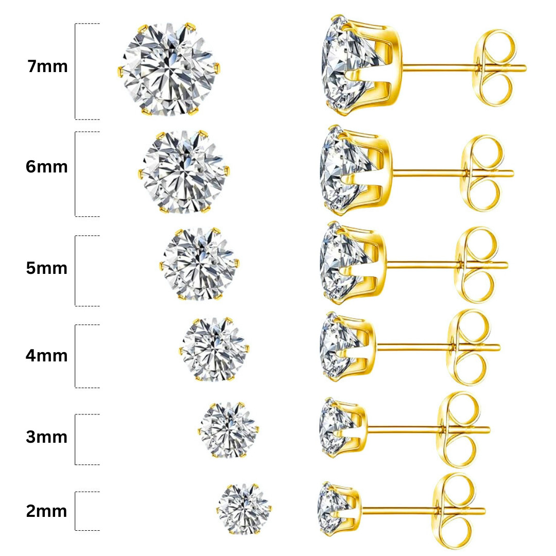 PAIR Gold Ion Plated Stud Earrings Prong Set Round Clear Gem 2mm 3mm 4mm 5mm 6mm