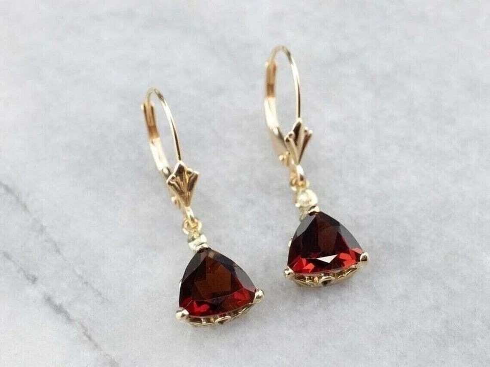 14K Yellow Gold Plated Drop Dangle Earring 2Ct Trillion Cut Simulated Red Garnet