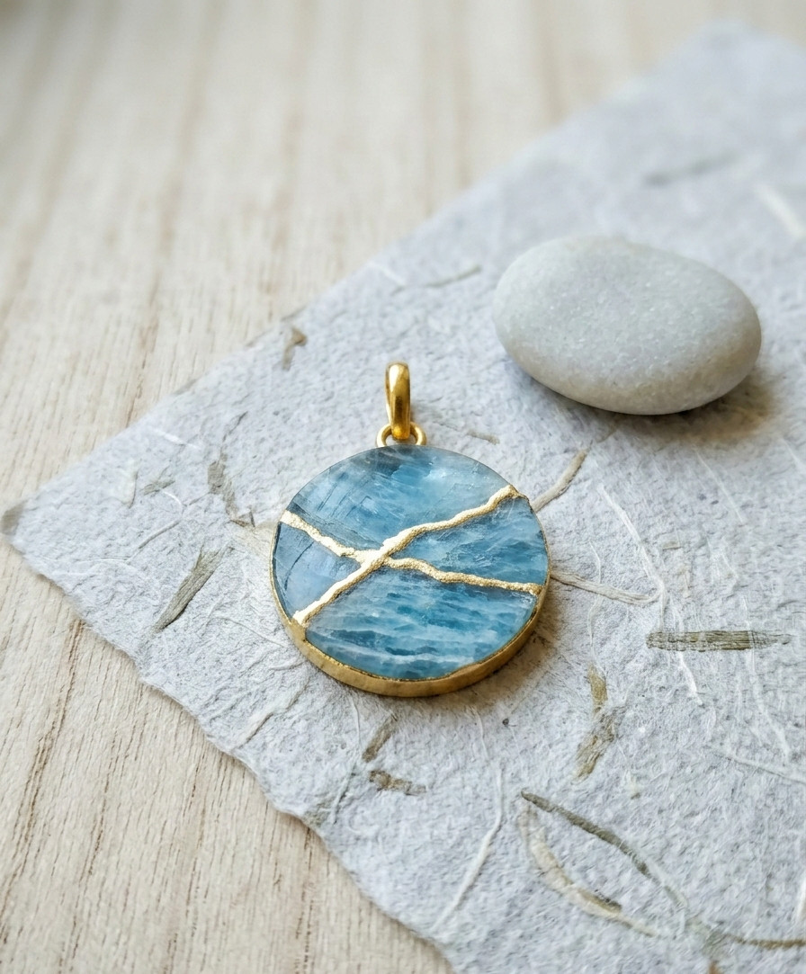 AQUAMARINE NECKLACE KINTSUGI Initial Necklace Gold Engraved Gold Plated Chain