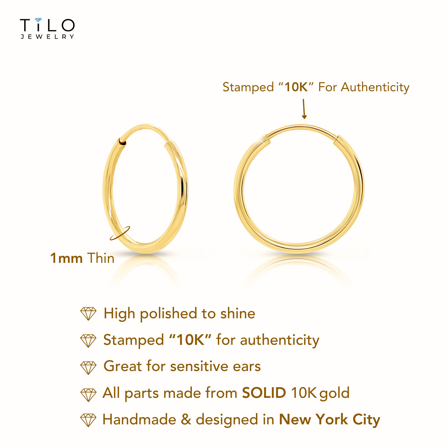 10K Real Solid Yellow Gold Round Endless Hoop Earrings 1mm Tube Hoops Ear Rings