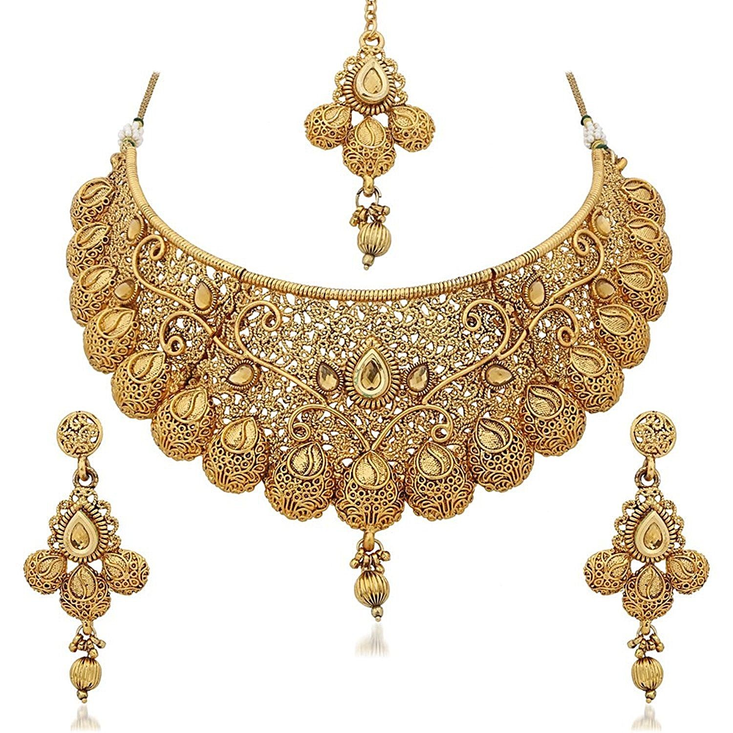 Indian Fashion Jewelry Bollywood Wedding Gold Plated Necklace Set Earrings 4 Pcs