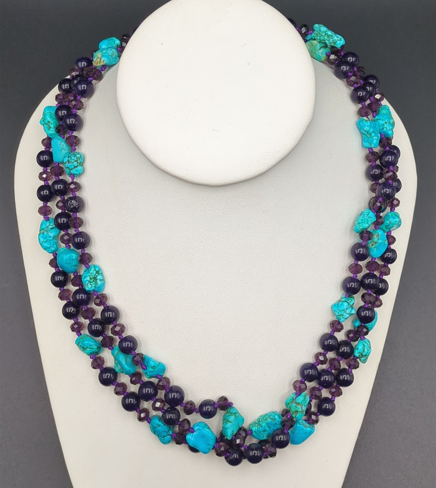 Necklace Multistrand Turquoise? Purple Stone? Beaded Nugget Round Faceted Cute