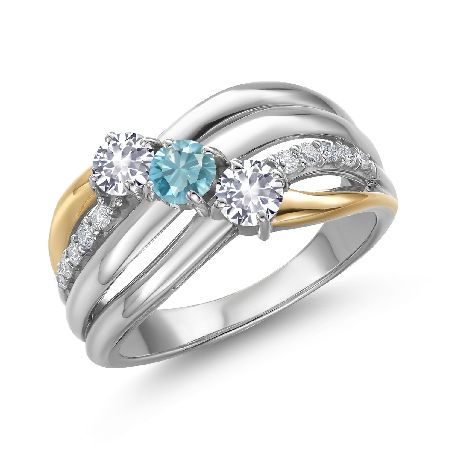 925 Silver and 10K Yellow Gold White Created Sapphire and Blue Zircon and Lab