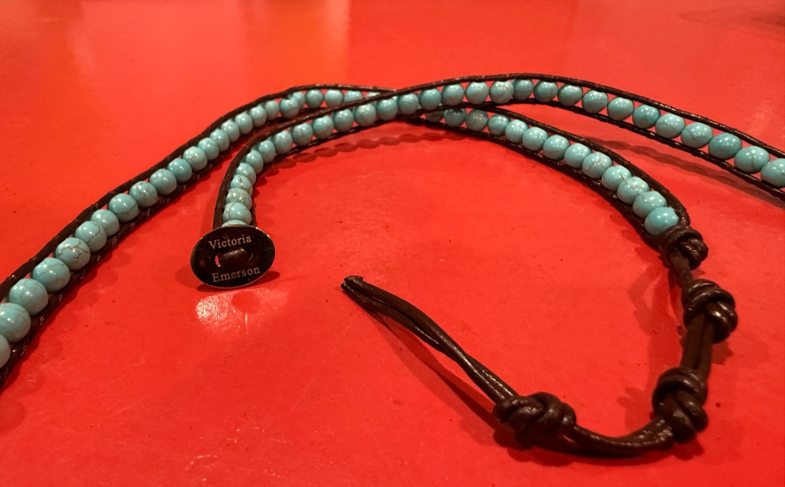 Victoria Emerson Turquoise Beaded Dark Brown Leather 5x Wrap Bracelet 33″-36″