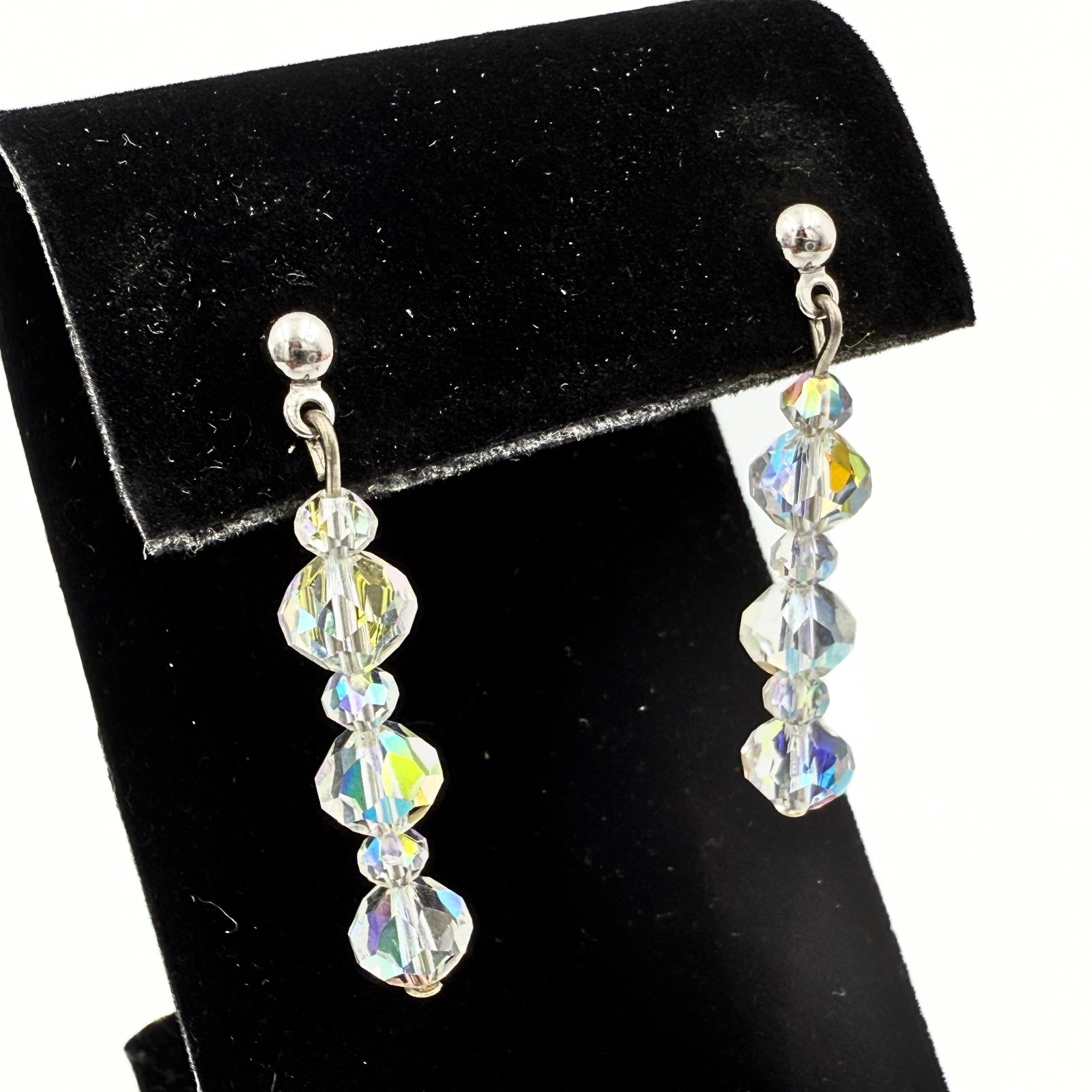 Vintage High End Aurora Borealis Crystal Long Dangle Post Earrings