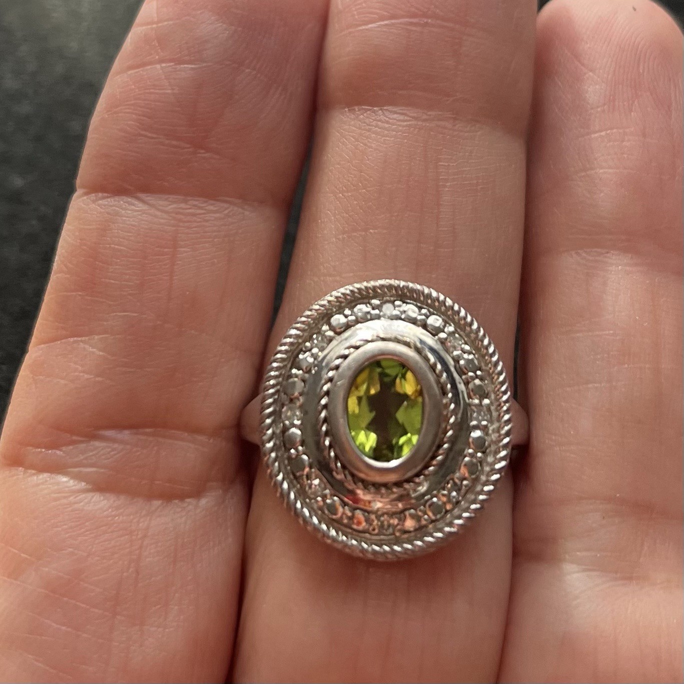 925 Sterling Silver Rhodium-plated Peridot Color Halo Ring By SSJ Sz 6.5