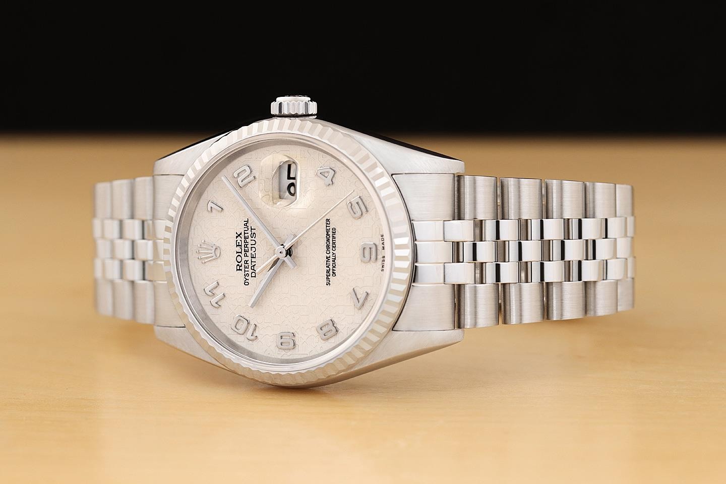 ROLEX DATEJUST 16234 CREAM ARABIC COMPUTER DIAL 18K GOLD STEEL NO HOLES WATCH