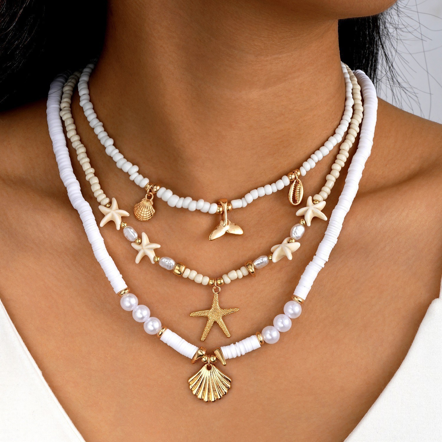Women’s Vintage Soft Ceramic Beaded Ocean-Themed Pendant Stackable Necklace