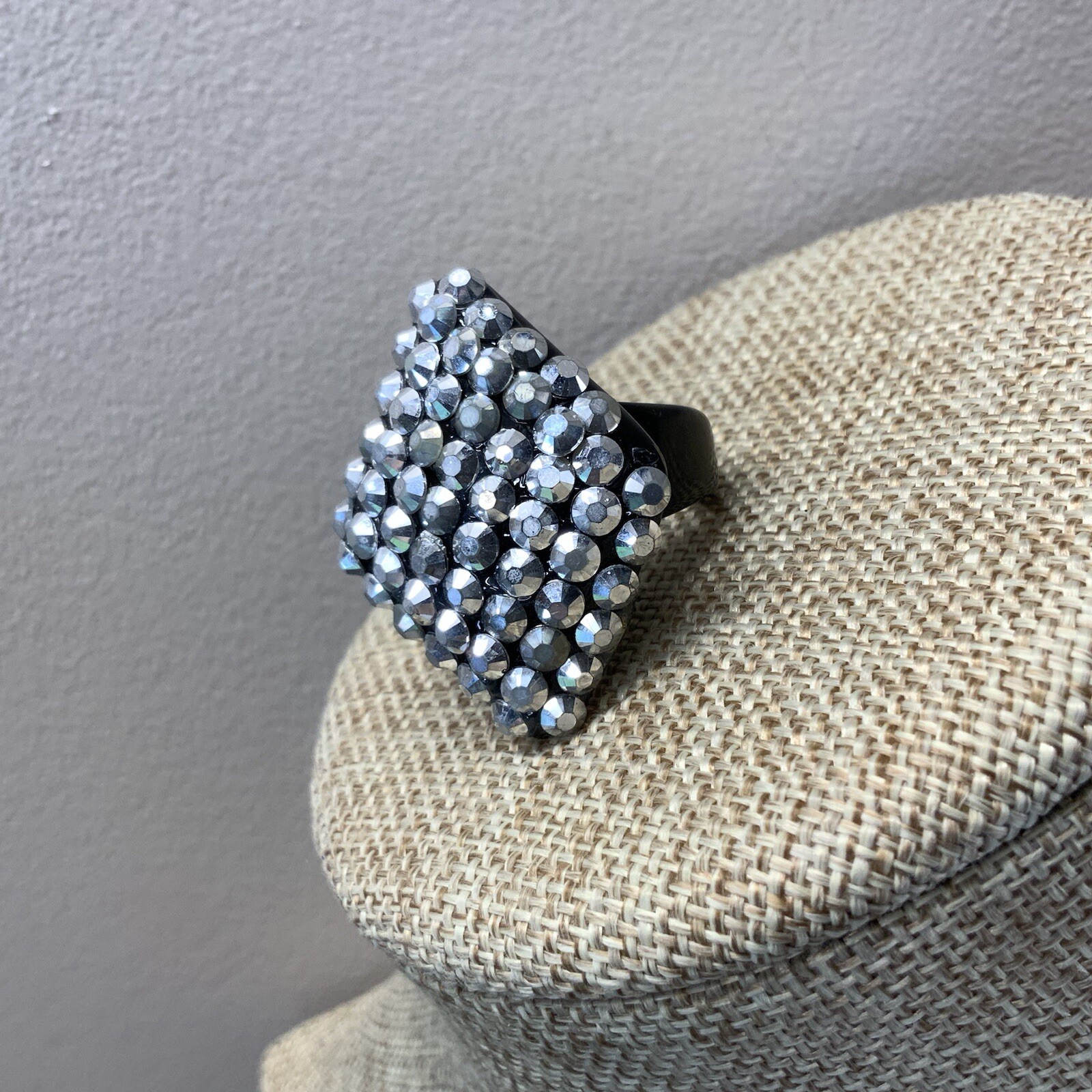 Large silver and black studded bling plastic ring size 7