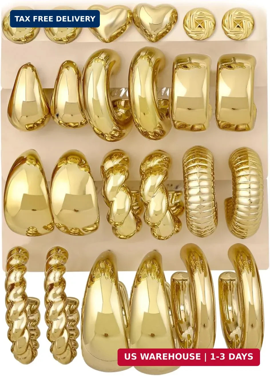 12 Pairs Chunky Gold Hoop Earrings for Women Trendy, Gold Plated Lightweight Hyp