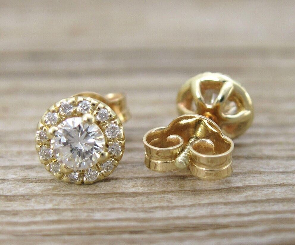 Round Cut Simulated Diamond Gorgeous Halo Stud Earring In 14k Yellow Gold Plated
