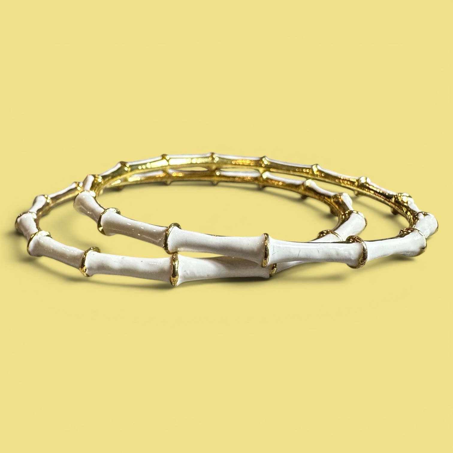 Vintage Bamboo Bangle Bracelet Lot of 2 White Enamel 28k Gold Plated
