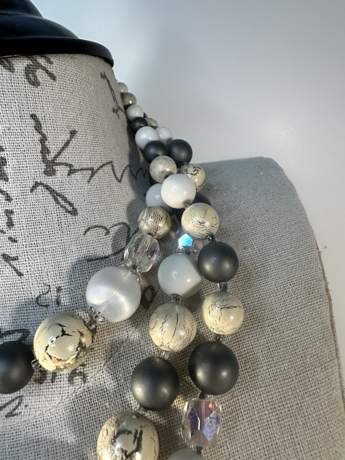 Vintage Multi-Strand Beaded Necklace, Black White Gray Beads, Adjustable Jewelry