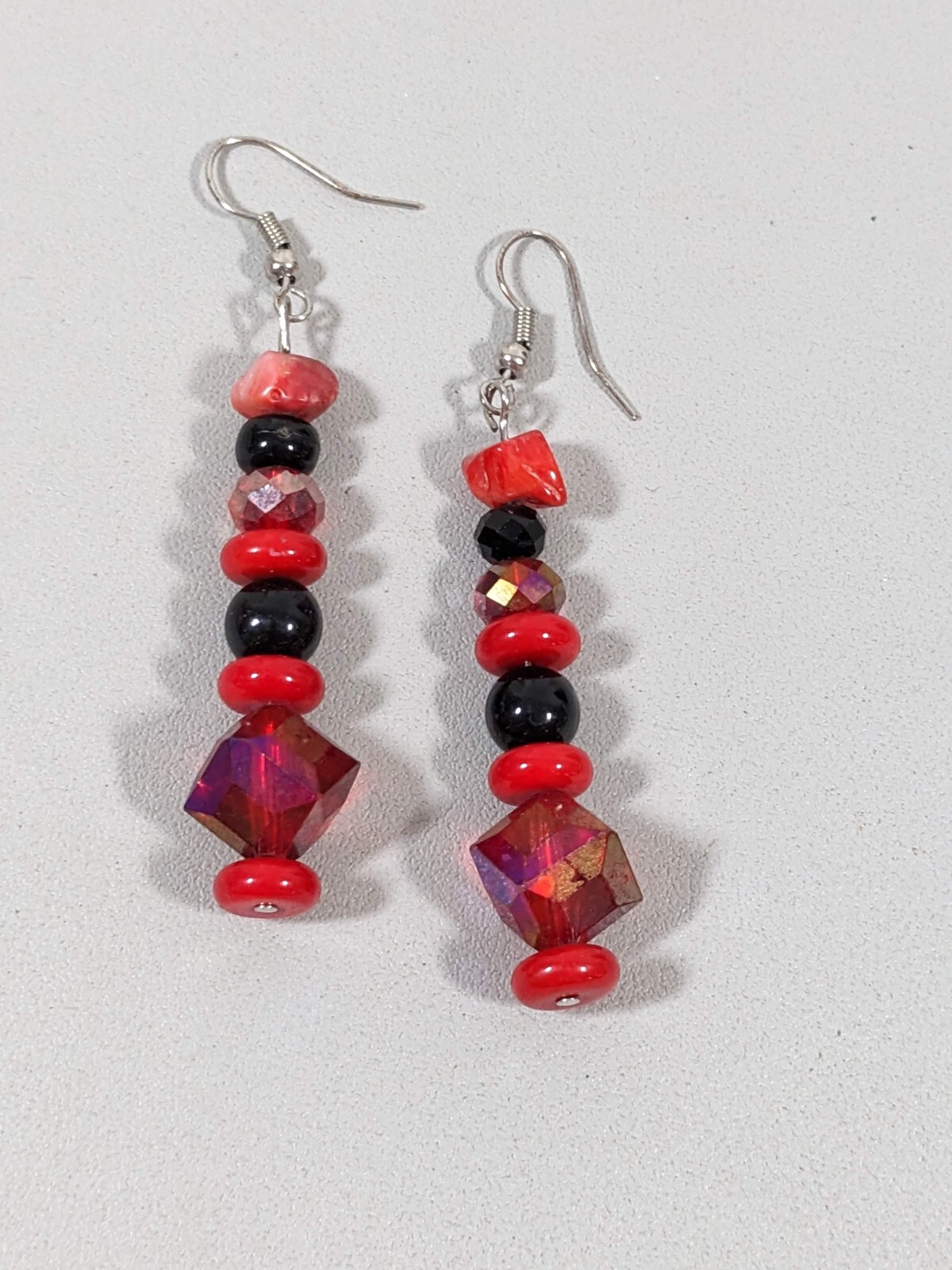 Artisan Red Black Stone Glass Stacked Bead Dangle Hook Earrings
