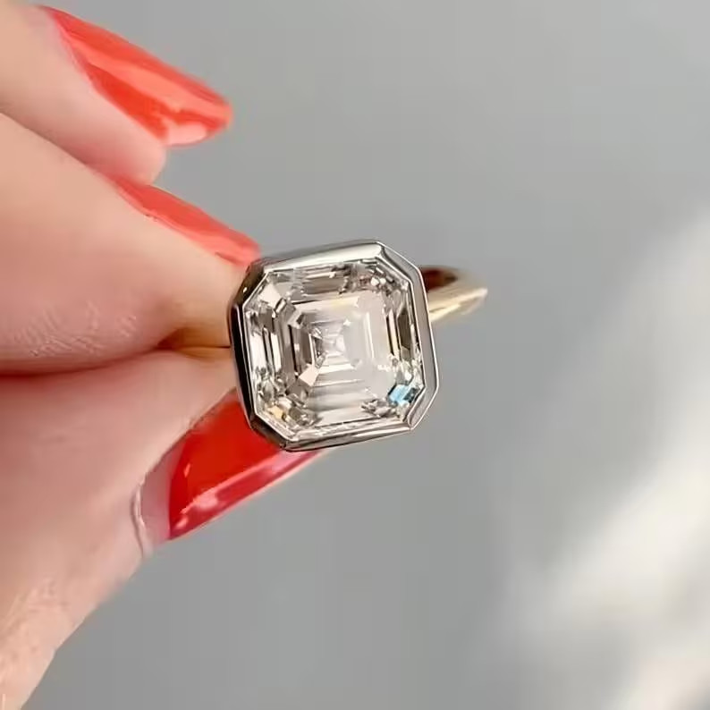 2.00 Ct Asscher Real Moissanite Bezel Engagement Ring 14k Yellow Gold Plated