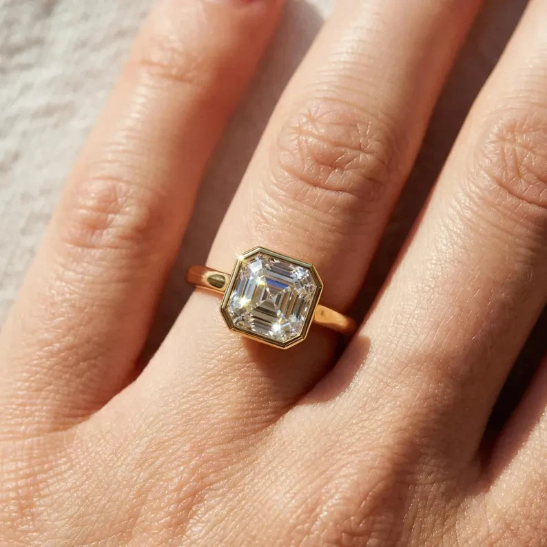 2.00 Ctw Asscher Moissanite Bezel Engagement Ring 14k Yellow Gold Plated