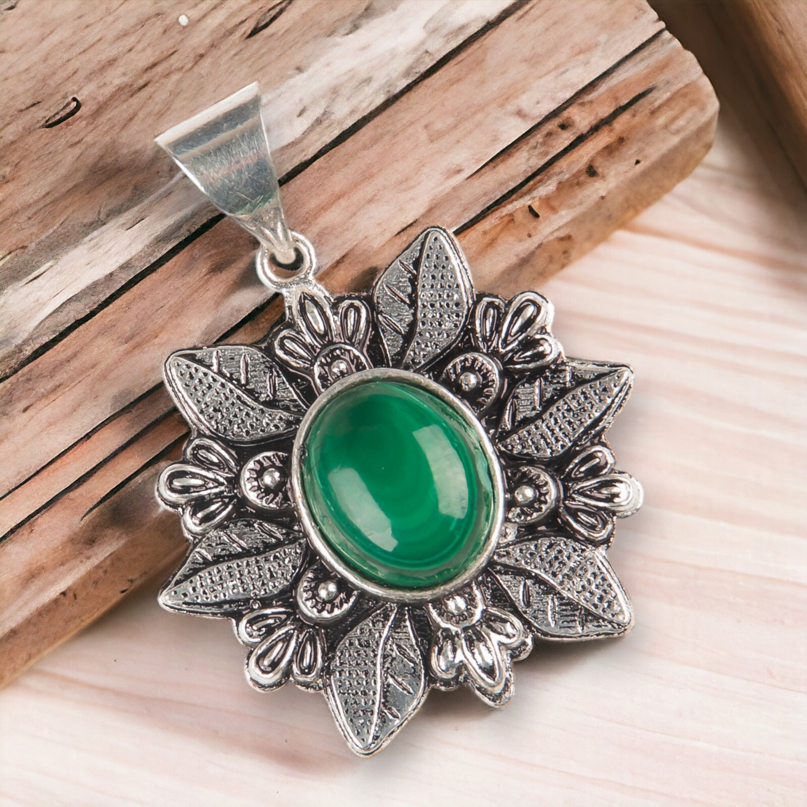 Malachite Gemstone Sterling Silver Jewelry Handmade Unique Jewelry 1.45″ For Her