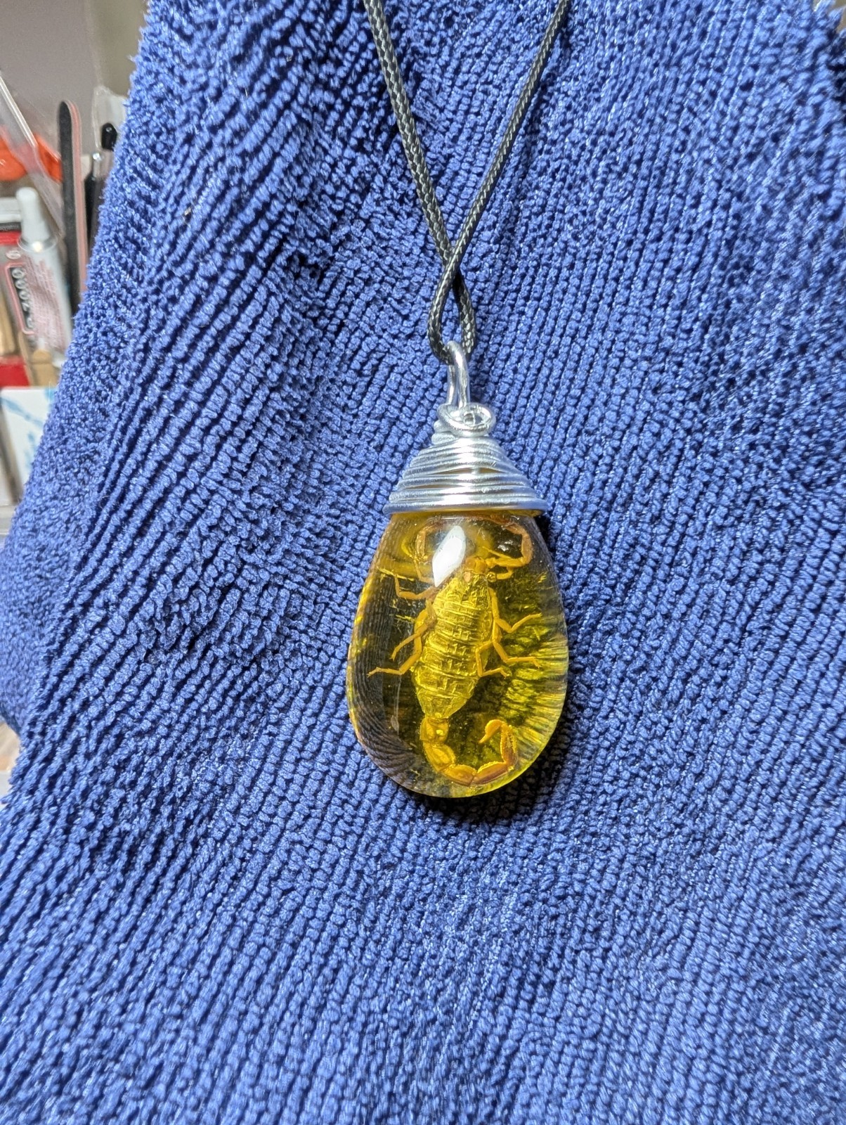 Resin Teardrop Scorpion Charm Pendant Wire Wrapped And Handmade Silver Cord