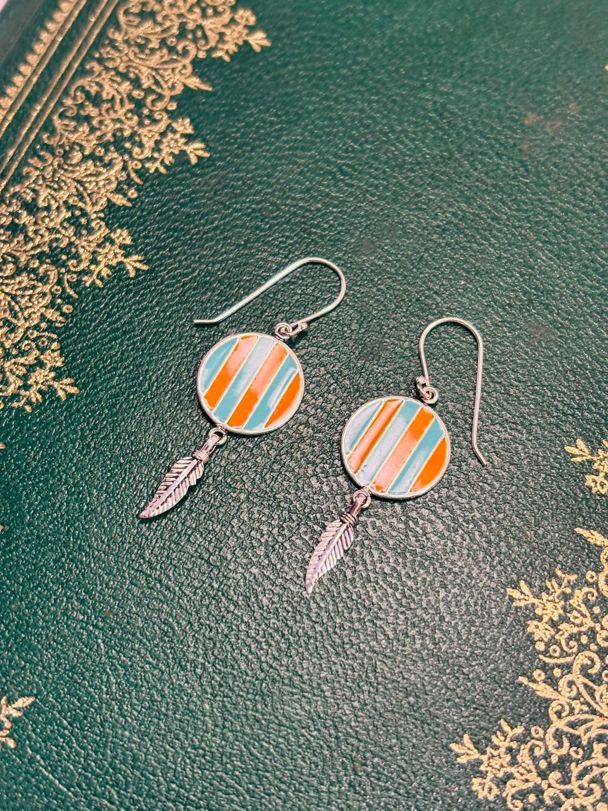 925 Silver 30mm Striped Feather Enamel Earrings Hook Settings Made In UK HMJ104