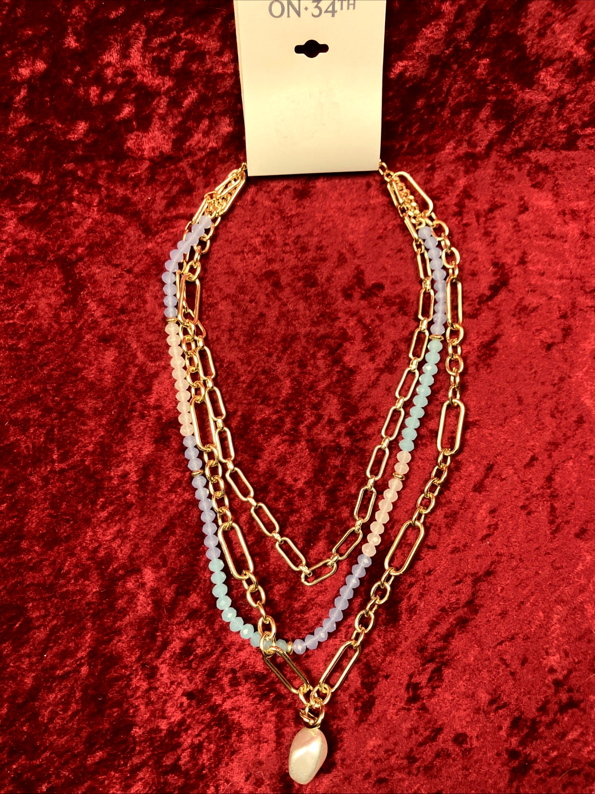 On 34th Gold Tone Stone Beaded 3 Row Necklace Pink Or Blue NWT RP $49.50