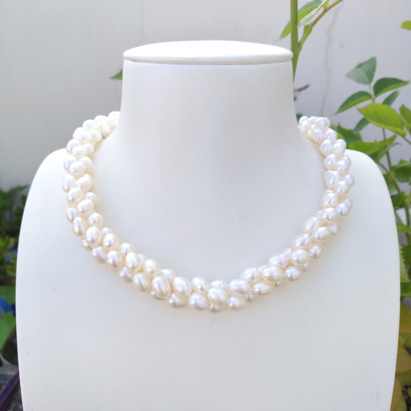 Fine 3 Rows Twist AAA+ Natural Akoya White Oval Pearl Necklace 17in 14k Gold P