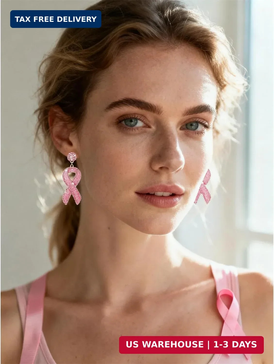 Glitter Rhinestone Pink Ribbon Drop Earrings Beaded Breast Cancer Awareness Earr