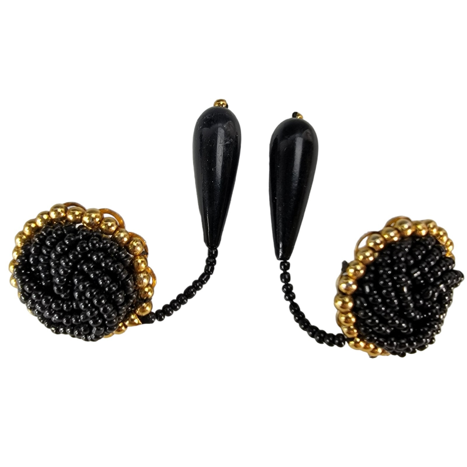 Vtg Gold Black Beads Drop Earrings Pair Teardrop Women Retro Jewelry 1980’s