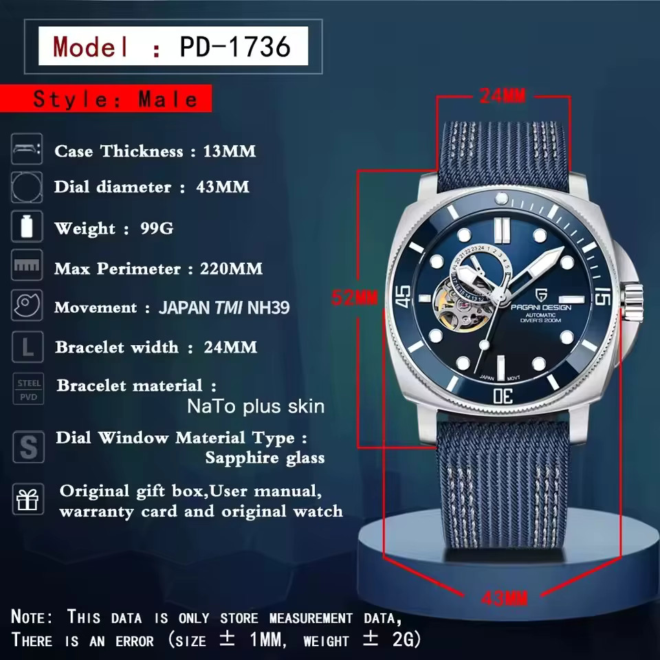 43MM Men’s Automatic Mechanical Watch NH39 200M 20ATM Waterproof Sapphire glass