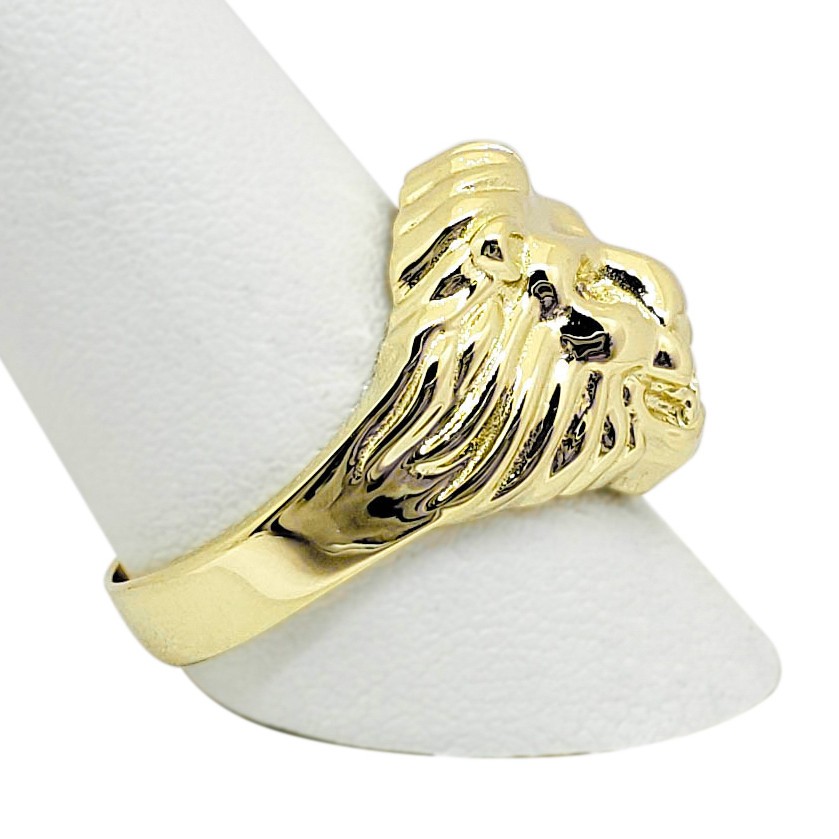 Solid 14K Yellow Gold Mens Lion Ring with Diamond Eyes Size 5 – 15