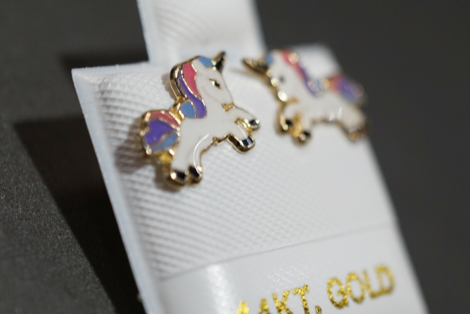 14K Solid Yellow Gold Enamel Unicorn Screw Back Stud Earring.