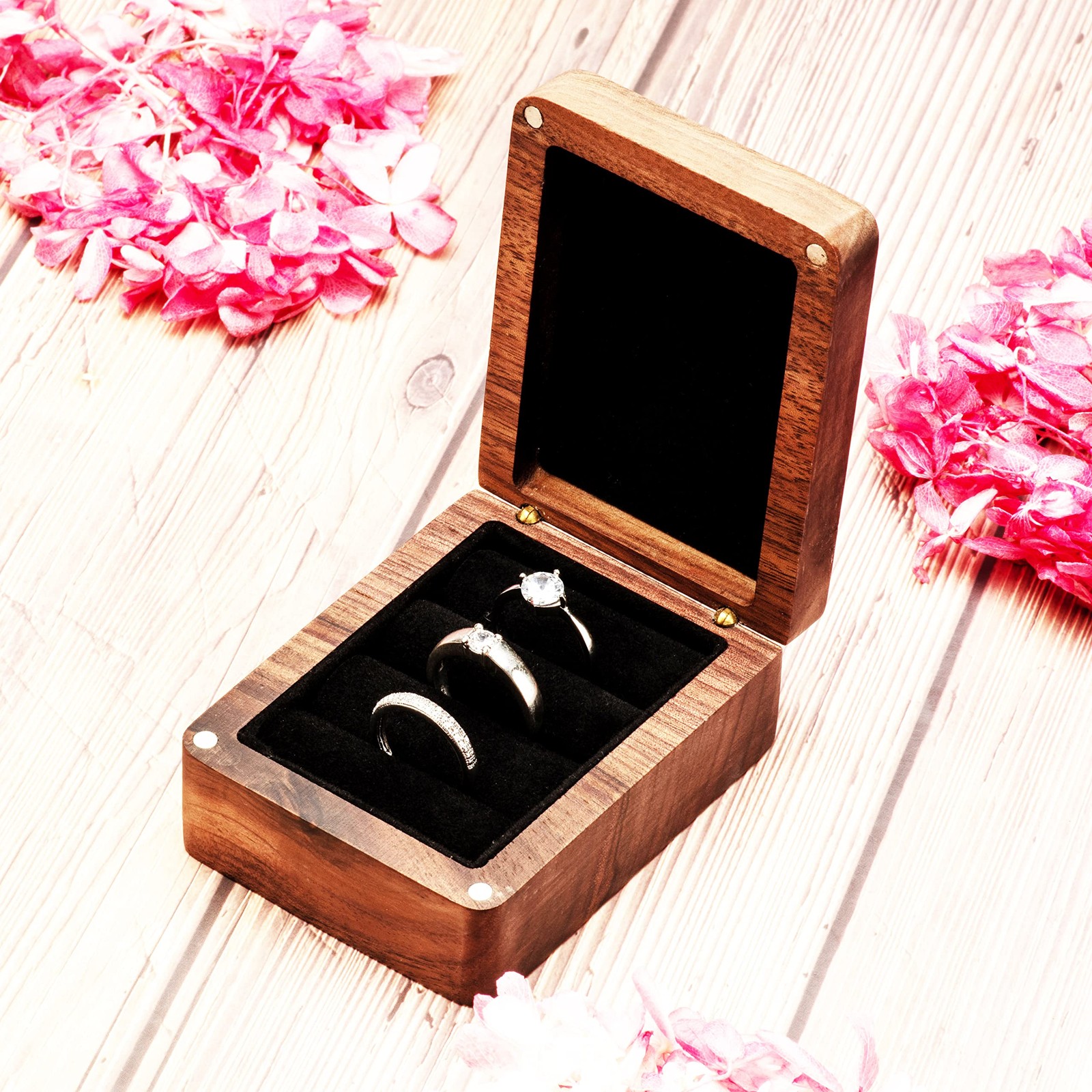 COSISO Walnut Wooden Ring Box 3 Slots for Wedding Ceremony Black Inner