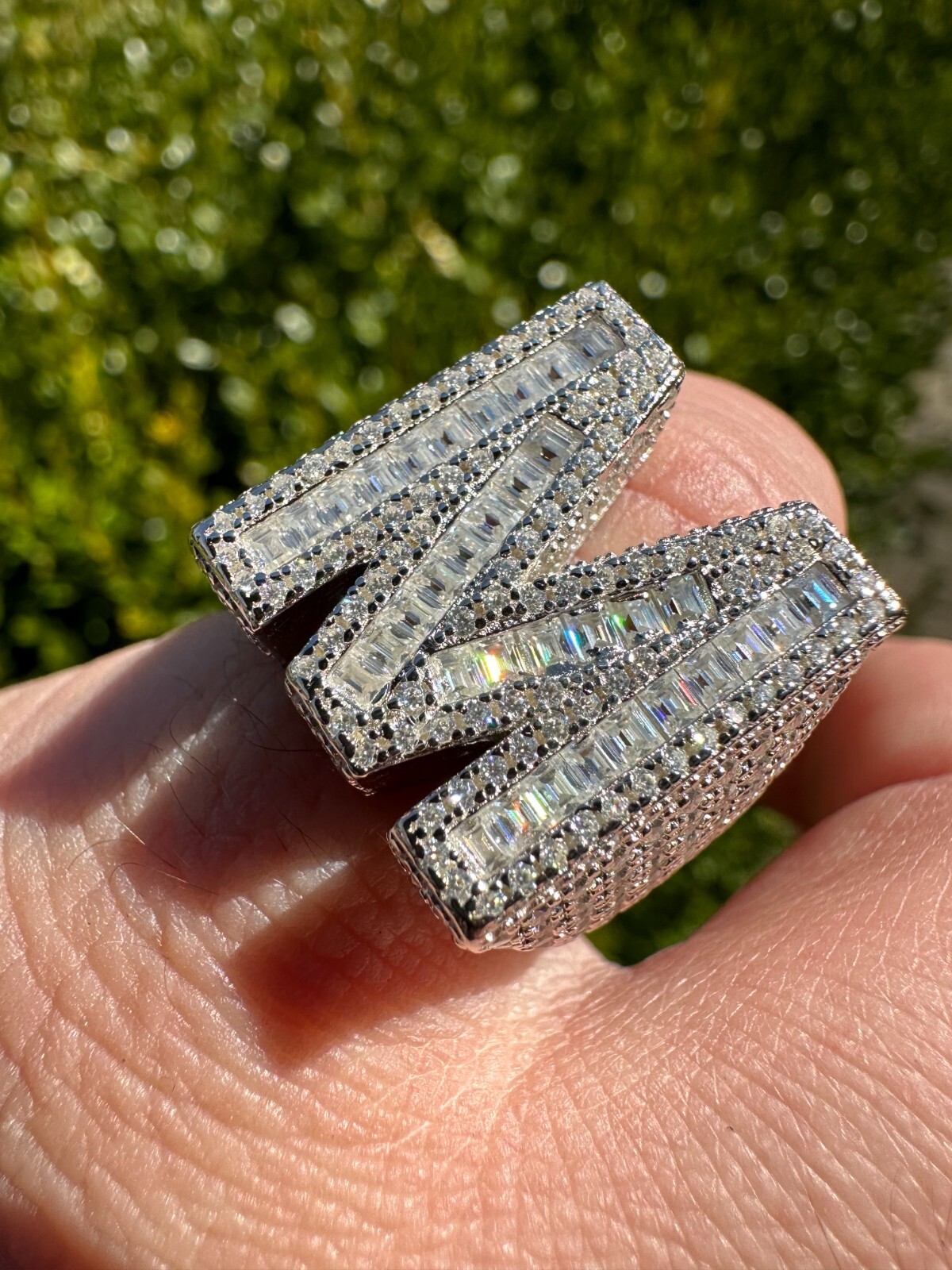 Real MOISSANITE Large Initial Letter Ring Iced Baguette Hip Hop 925 Silver A-Z