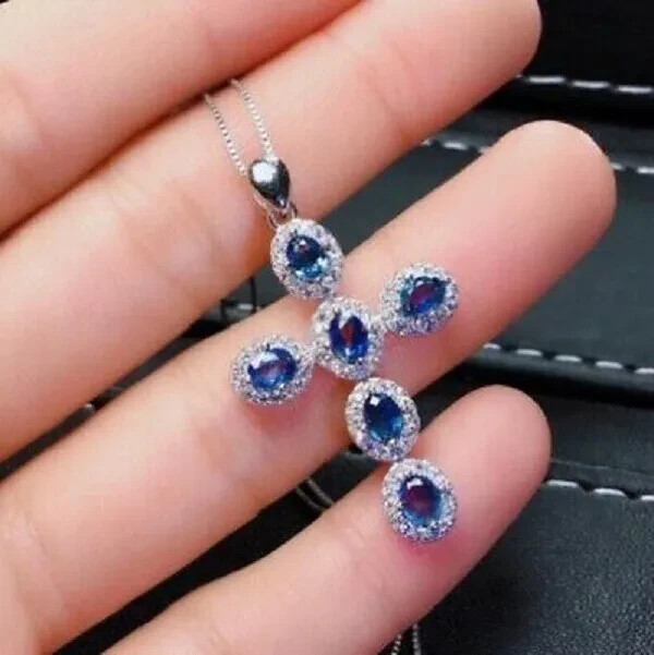 3Ct Oval Cut Blue Tanzanite Cross Pendant Solid 14K White Gold Finish