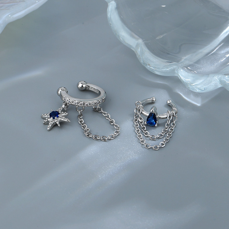 1Pc Silver Plated Ear Cuff Blue CZ Star Teardrop Earring No Pierced Clip On I123