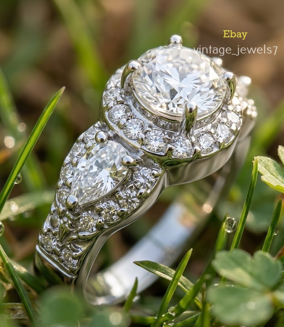 3.75CT Round Cut Lab Created Diamond Halo 3 Stone Wedding Ring Set 14K Gold Over