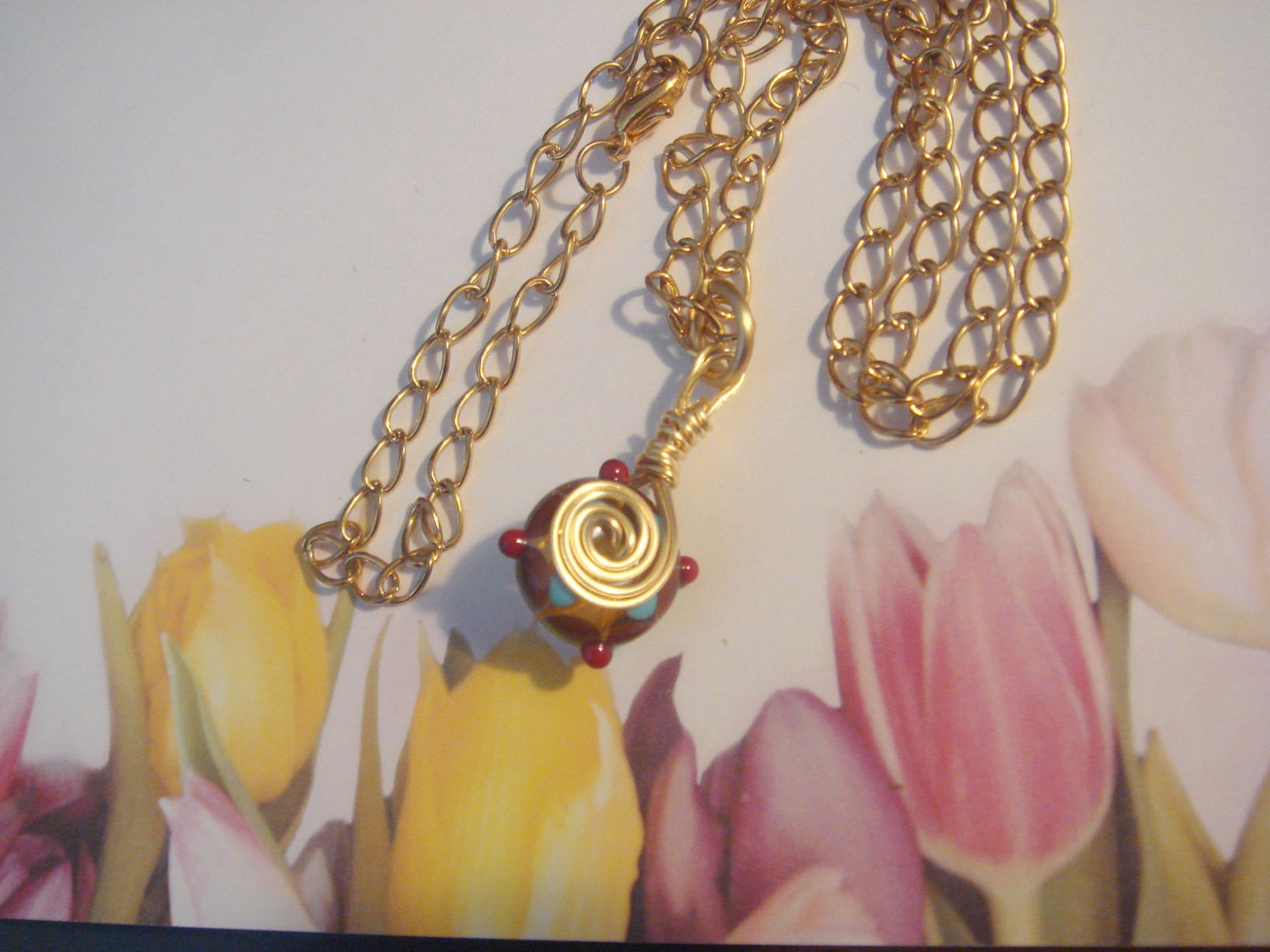 #227 A Unique Lamp Work Bead Pendant with Gold Chain Wire Wrapped One of a Kind