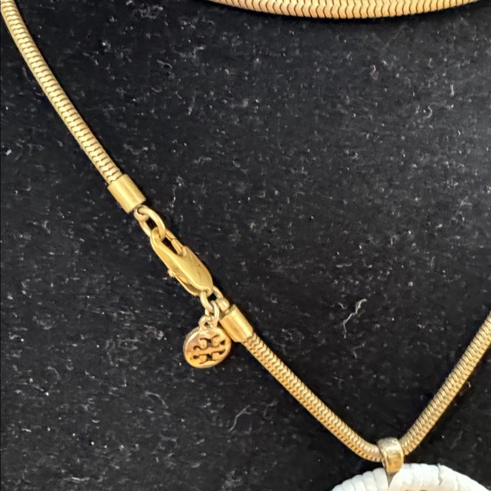 Tory Burch white leather dream catcher copper wishbone gold feather necklace