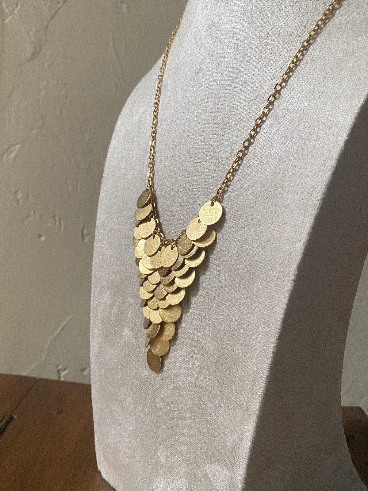 Matte Gold Disc Statement Bib Necklace Cascade Paillette Fringe Modern 16-19”