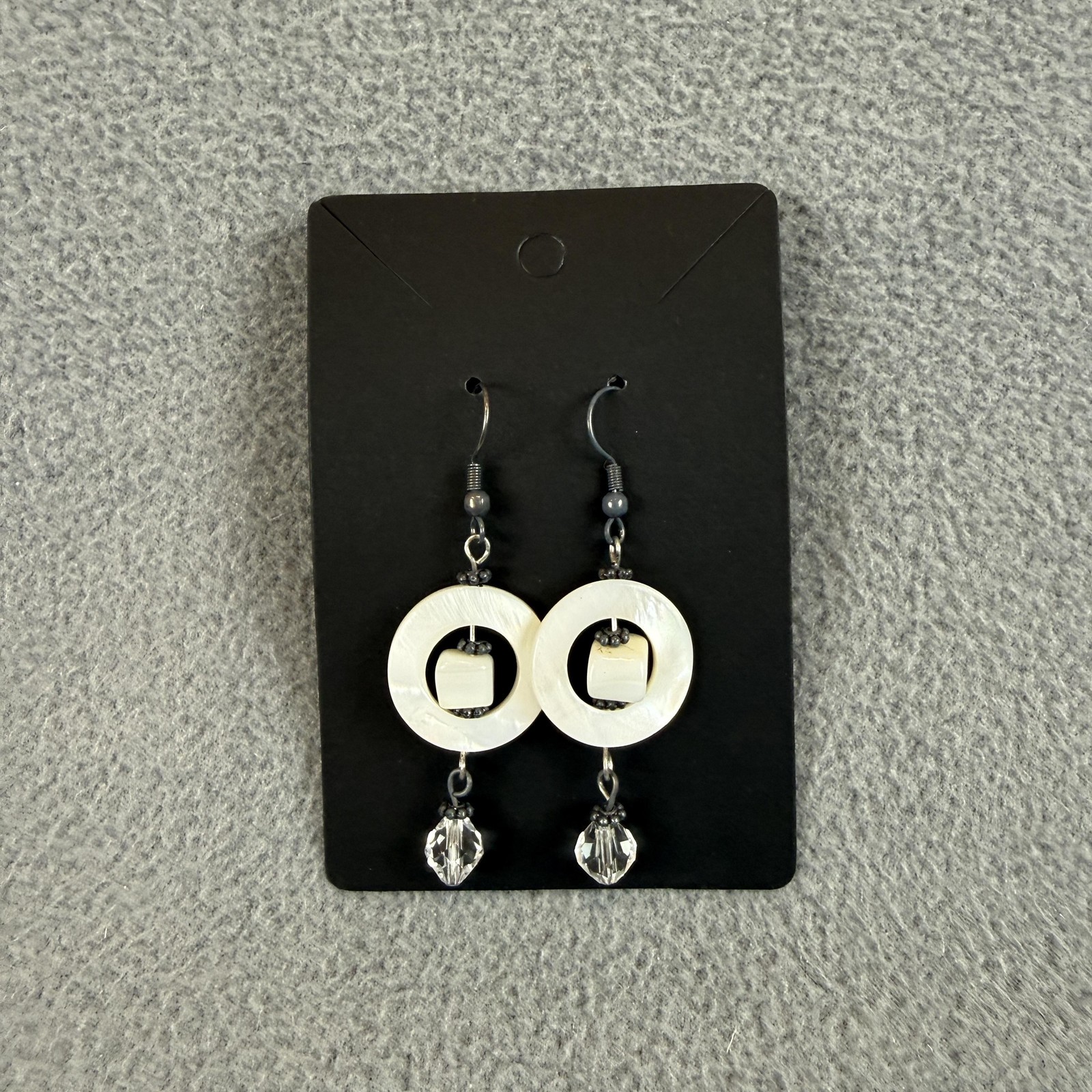White Beaded Dangle Drop Earrings Round Hoop Clear Bead Gunmetal Tone Jewelry