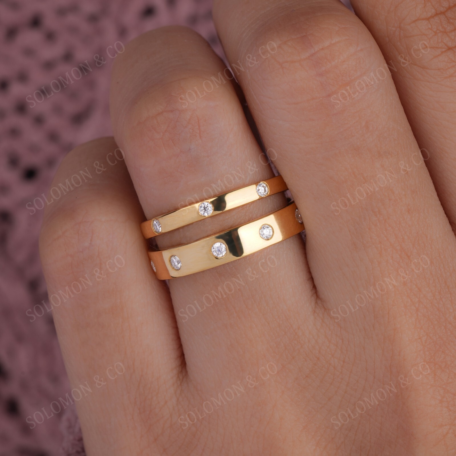 0.20 CTW Brilliant Round Shape Moissanite Flush Set Wedding Band Set For Women