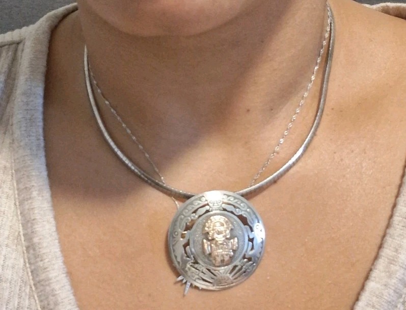 Vintage Peru Native INCA Sterling Silver And 18k Gold Brooch/Pendant Necklace