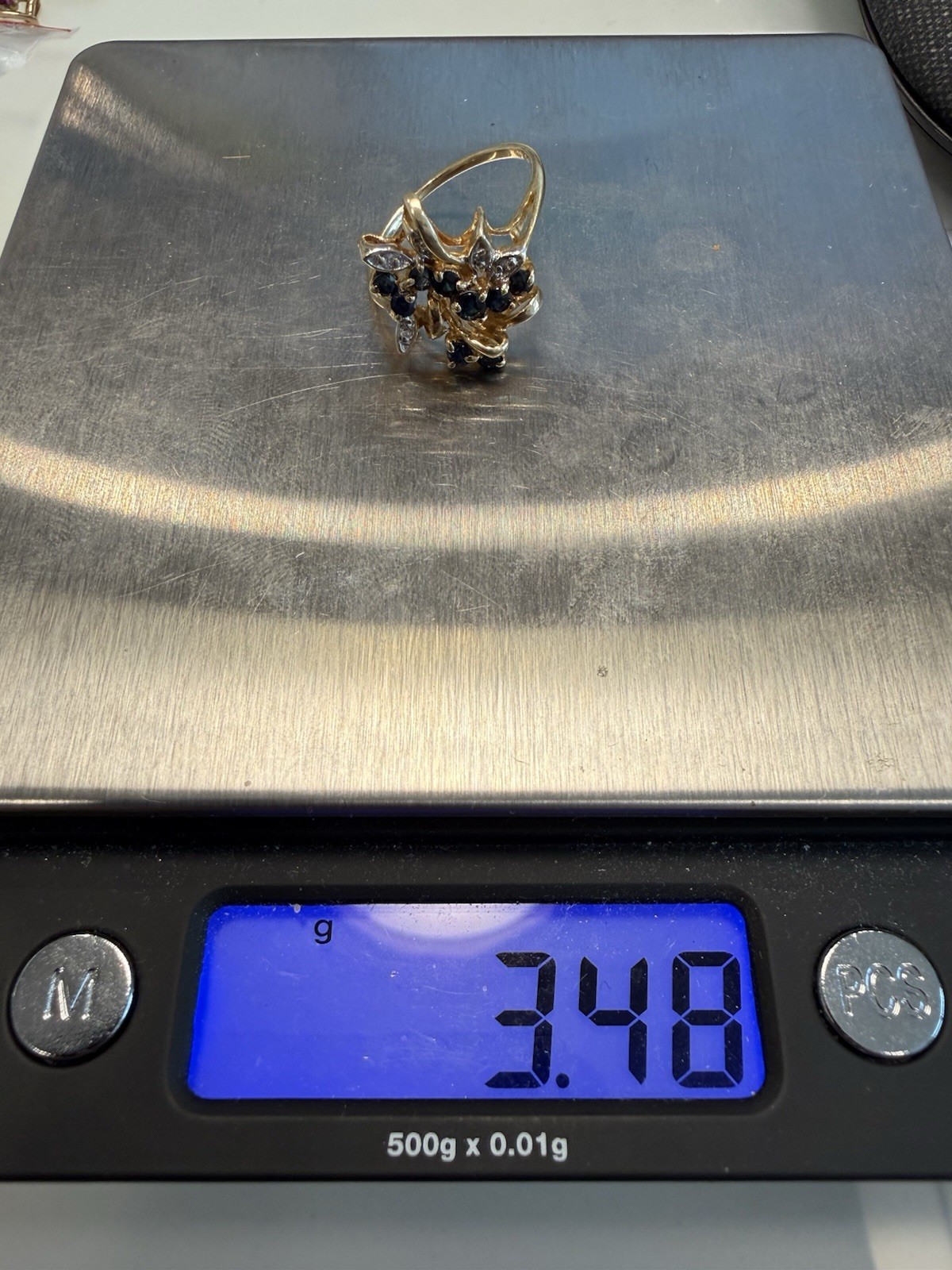 14k Yellow Gold Cocktail Cluster Ring Blue Sapphire/Diamond Floral Prong Sz 7.5