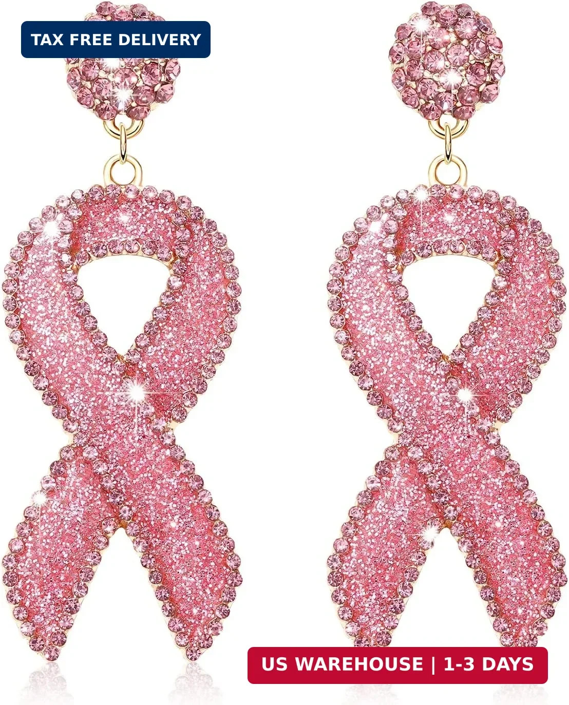 Glitter Rhinestone Pink Ribbon Drop Earrings Beaded Breast Cancer Awareness Earr