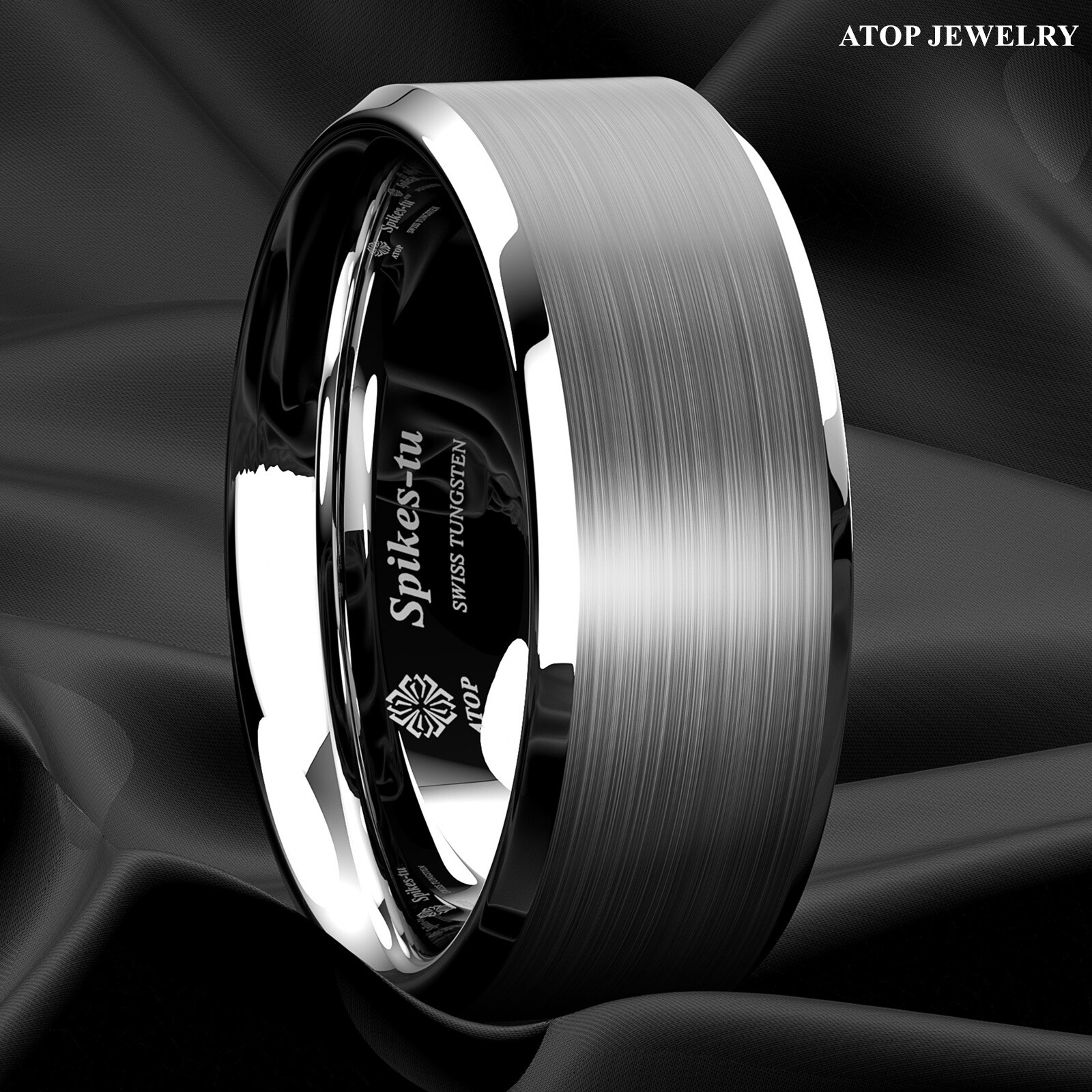 8mm Brushed Silver Tungsten Carbide Men’s Wedding Band Comfort Fit ATOP Ring