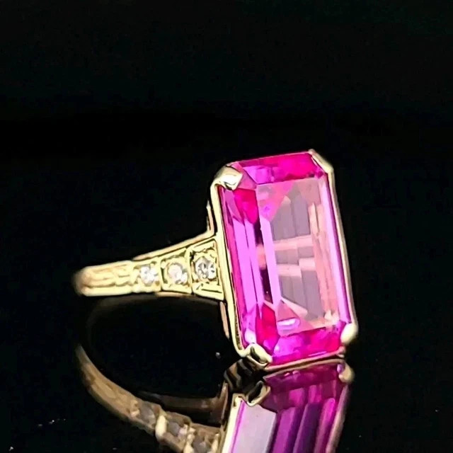 3.50Ct Emerald Cut Lab Created Pink Sapphire Wedding Ring 14K Yellow Gold Plated