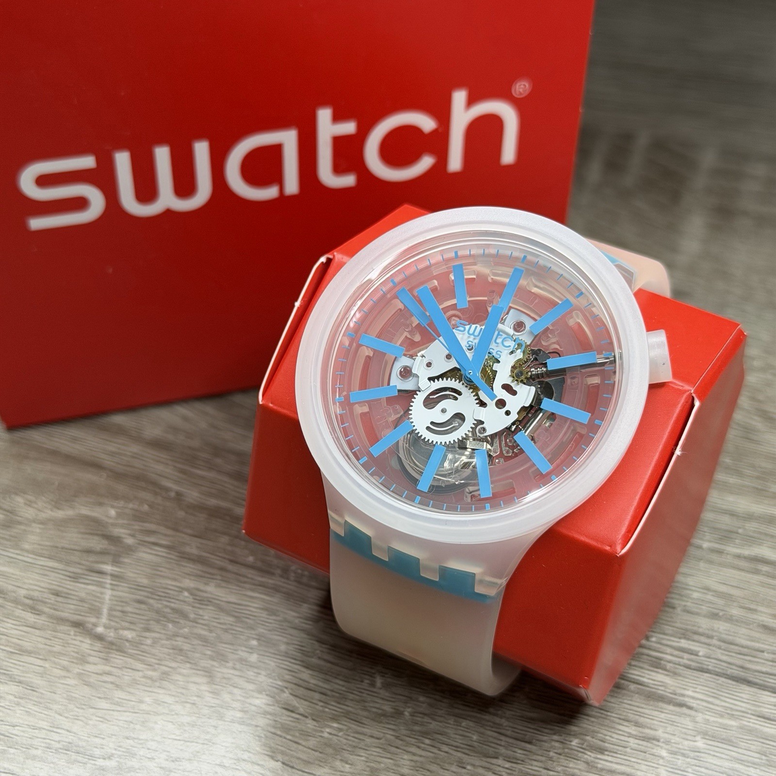 NEW✅SKELETON✅ Swatch Big Bold BLUEINJELLY Transparent Men’s Watch SO27E105