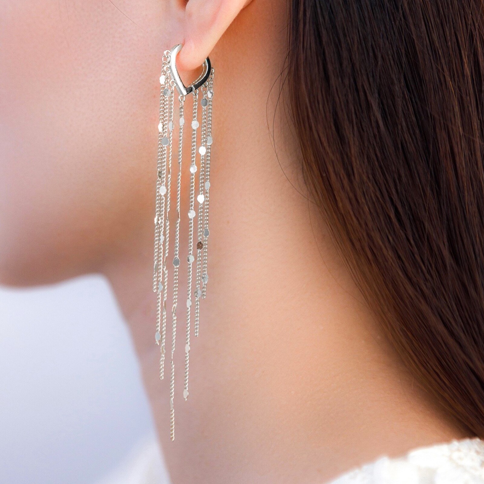 Long shiny chains dangle drop hoop earrings, Korean fashion earrings 